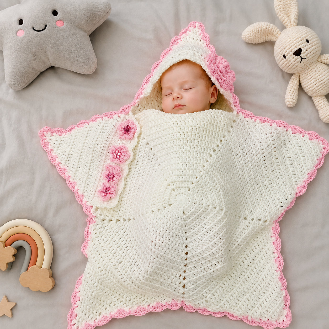 Personalized Flower Star Baby Swaddle, Cute Baby Star Cocoon, Custom Baby Star Romper Sleep Sack, Hooded Newborn Wrap, Handmade Crochet Knit Outfit, Custom Name Baptism Baby Shower Gift BABYSR11