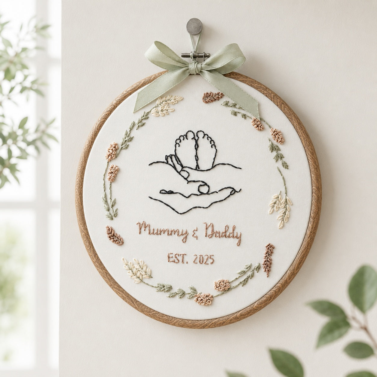 Personalized Handmade Embroidery Hoop, Baby Feet Keepsake, Mummy & Daddy Sign Decor, New Parents Gift, Custom Nursery Wall Art EM10