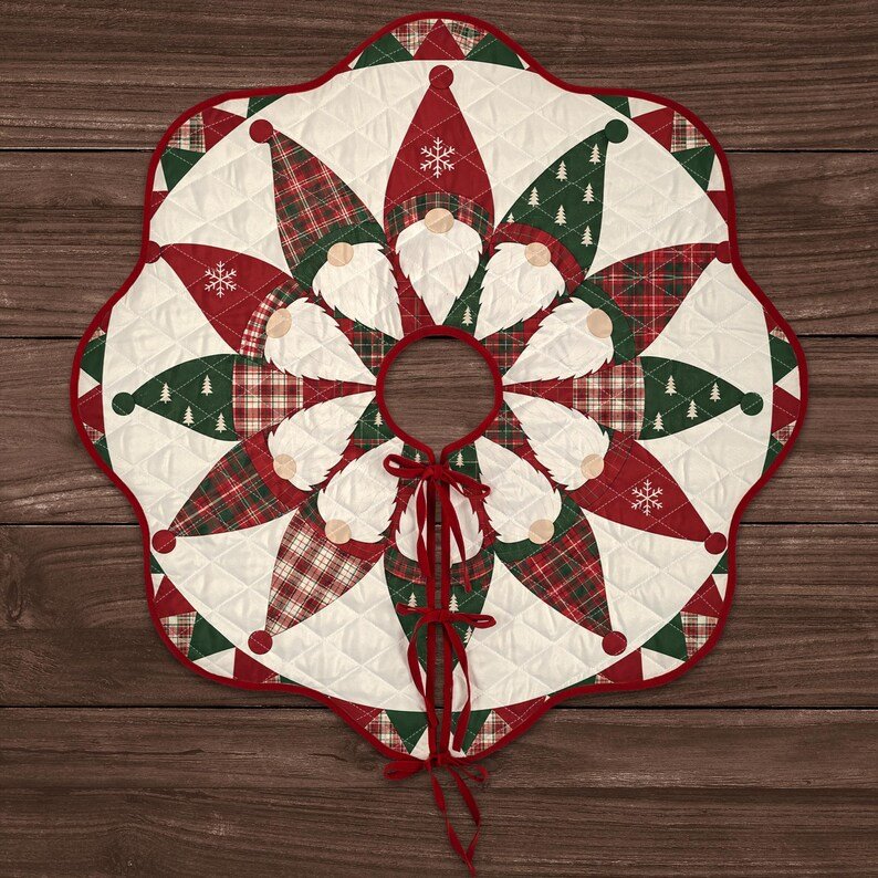 Gnome Christmas Patchwork Quilted Tree Skirt, Patchwork Xmas Tree Skirt, Holiday Decor, Xmas Tree Base Cover, Custom Tree Skirt XMASTS11