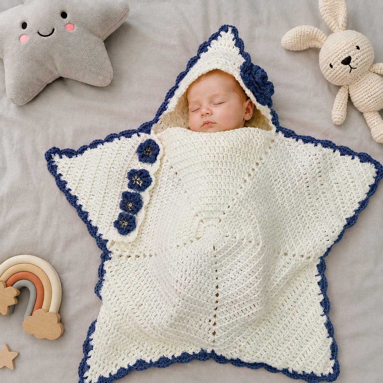 Personalized Flower Star Baby Swaddle, Cute Baby Star Cocoon, Custom Baby Star Romper Sleep Sack, Hooded Newborn Wrap, Handmade Crochet Knit Outfit, Custom Name Baptism Baby Shower Gift BABYSR11