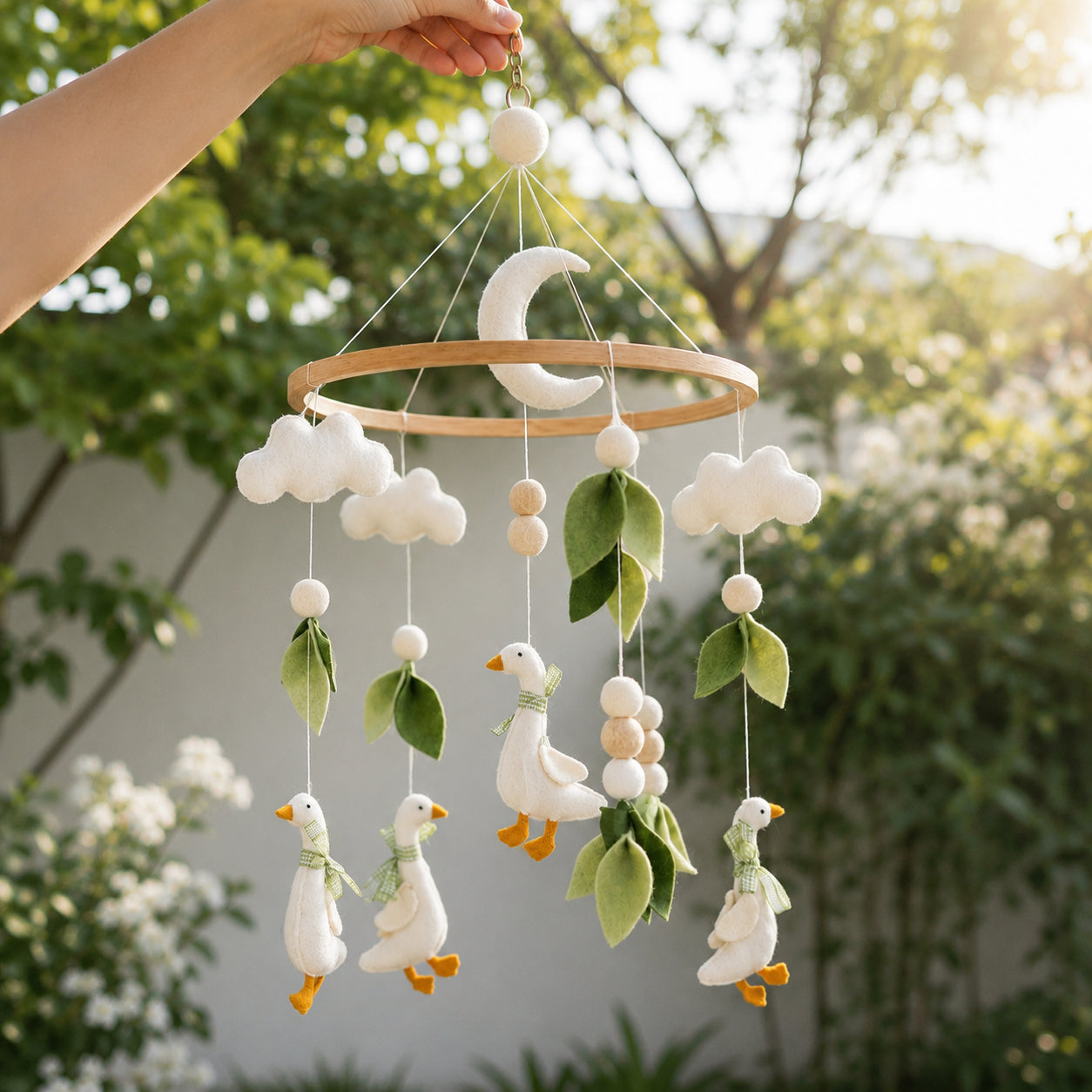Personalized Goose Felt Baby Mobile, Handmade Farm Nursery Crib Mobile, Goose Felt Mobile, Moon Cloud and Leaf Baby Room Decor BBMB11