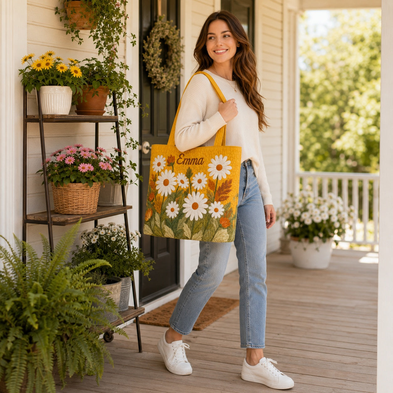 Custom Daisy Quilted Tote Bag, Floral Tote Bag, Quilted Shoulder Bag, Quilted Book Bag, Fabric Bag QTOTE62