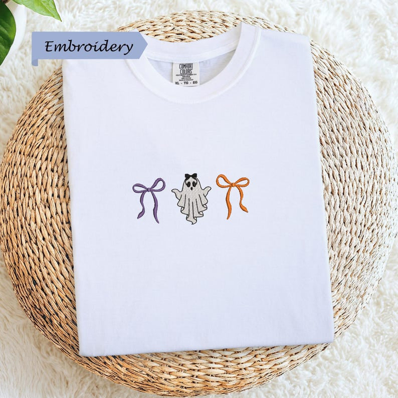 Ghost Bow Embroidery Shirt, Cute Halloween Tee, Aesthetic Spooky Ghost Ribbon Shirt, Unisex Shirt HLEM11
