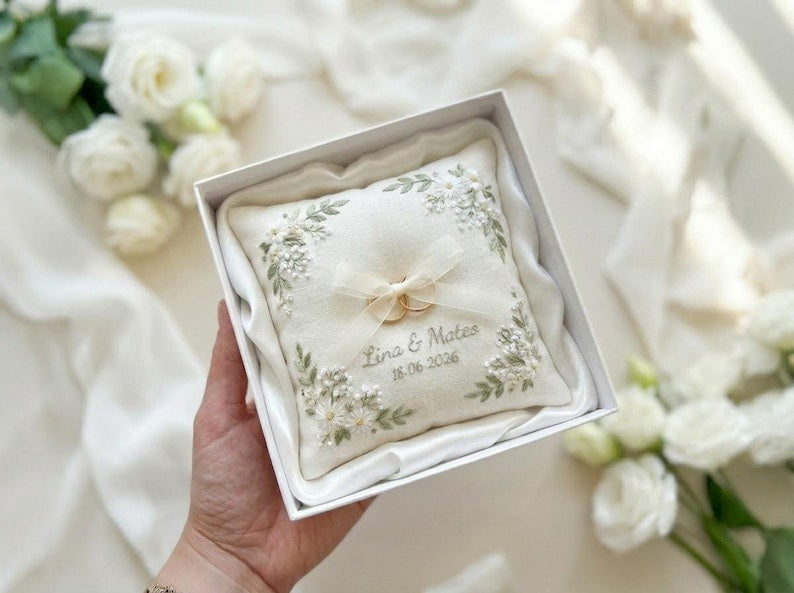 Personalized Embroidered Floral Wedding Ring Bearer Pillow, Custom Wedding Ring Pillow, Wedding Keepsake Gift WPILLOW10