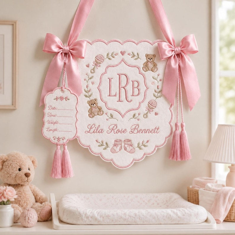Personalized Embroidered Baby Crib Banner, Custom Baby Name Nursery Banner with Birth Stats Tag, Newborn Hospital Announcement, Baby Shower Gift BBFLAG11