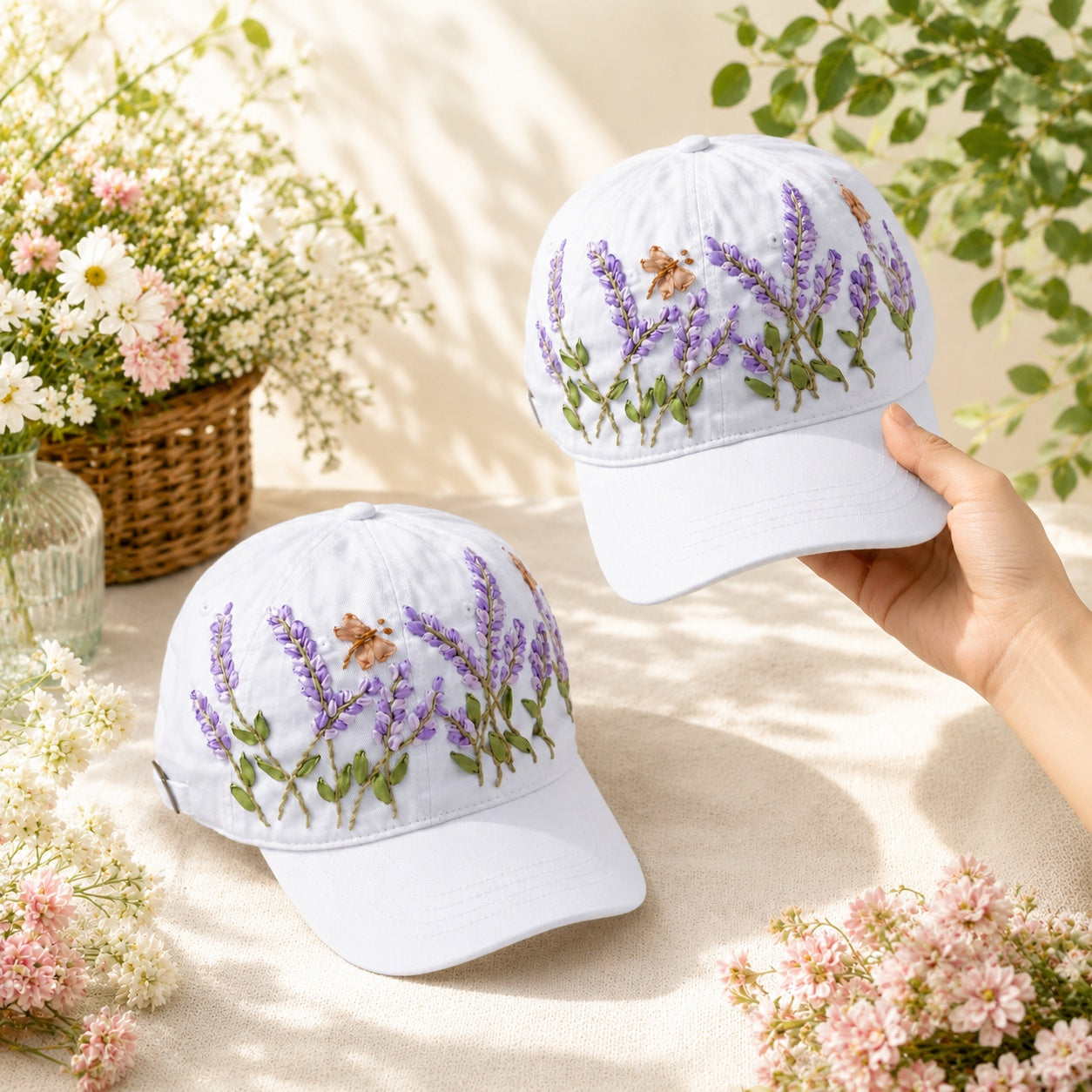 Custom Lavender Floral Hand-Embroidered Baseball Cap, Embroidered Cap, Hand Embroidered Cap, Custom Hat Embroidery, Family Hat EMSH10