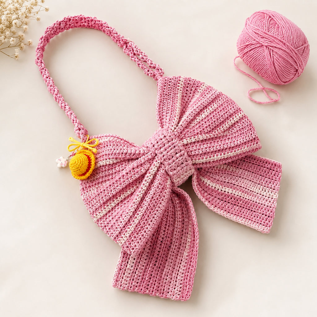 Crochet Bow Bag, Pink Bow Shaped Shoulder Purse, Handmade Coquette Crochet Handbag, Cute Girly Statement Bag Gift for Her Crochet05