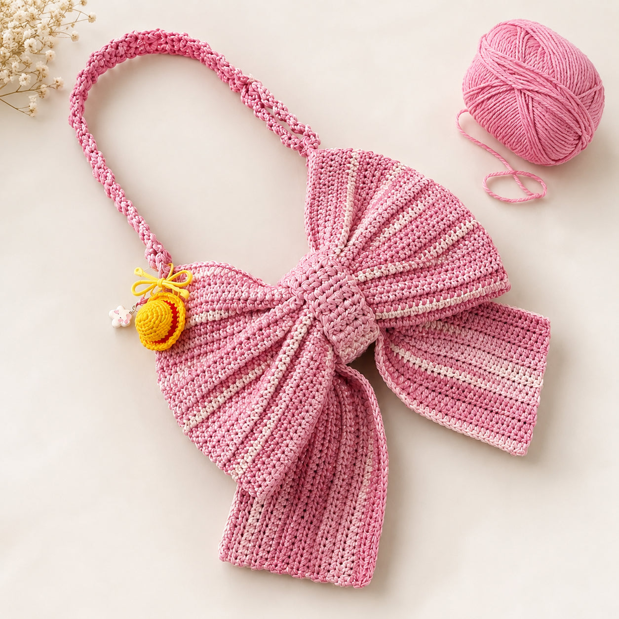 Crochet Bow Bag, Pink Bow Shaped Shoulder Purse, Handmade Coquette Crochet Handbag, Cute Girly Statement Bag Gift for Her Crochet05