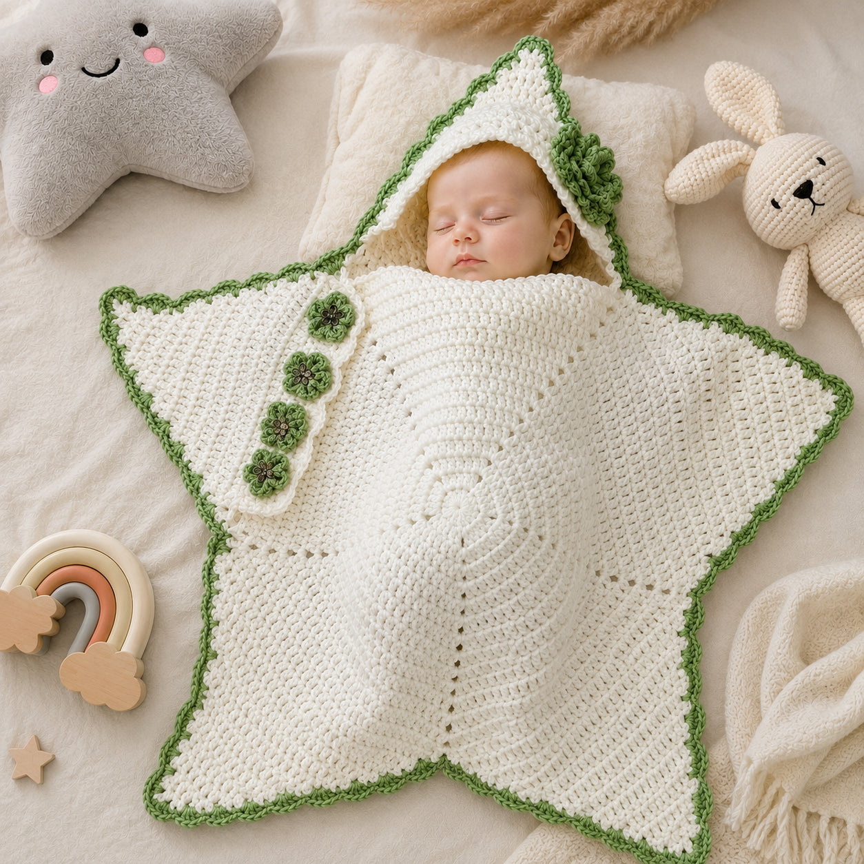 Personalized Flower Star Baby Swaddle, Cute Baby Star Cocoon, Custom Baby Star Romper Sleep Sack, Hooded Newborn Wrap, Handmade Crochet Knit Outfit, Custom Name Baptism Baby Shower Gift BABYSR11