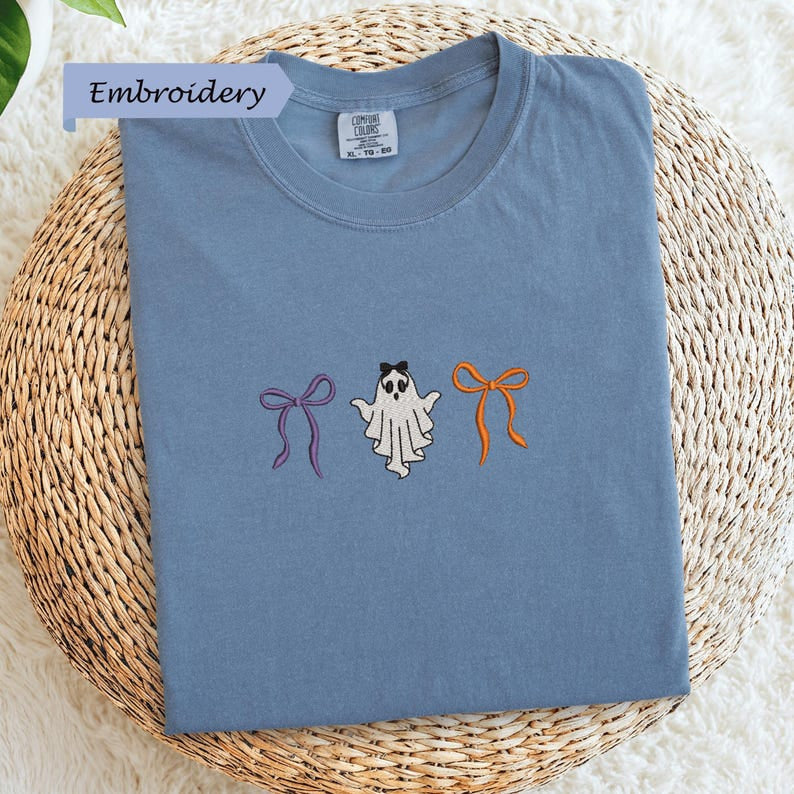 Ghost Bow Embroidery Shirt, Cute Halloween Tee, Aesthetic Spooky Ghost Ribbon Shirt, Unisex Shirt HLEM11