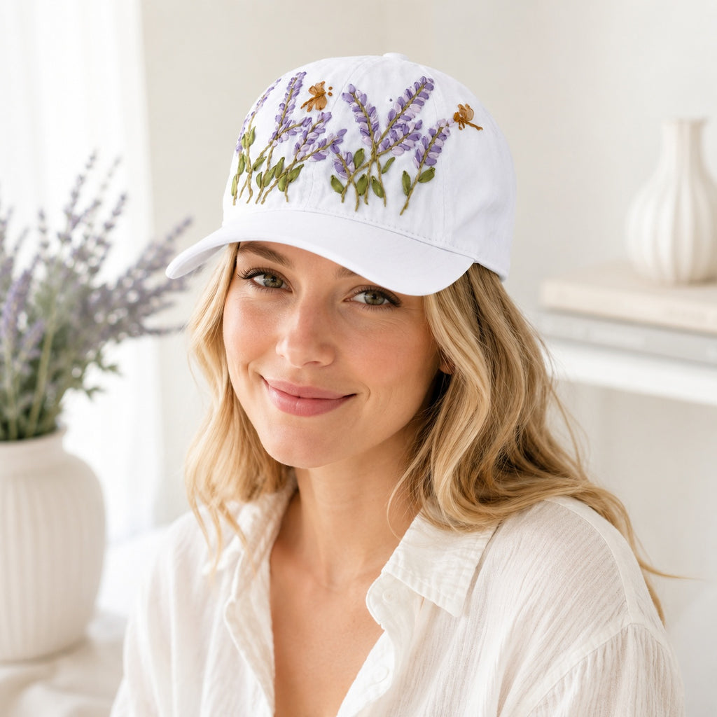 Custom Lavender Floral Hand-Embroidered Baseball Cap, Embroidered Cap, Hand Embroidered Cap, Custom Hat Embroidery, Family Hat EMSH10