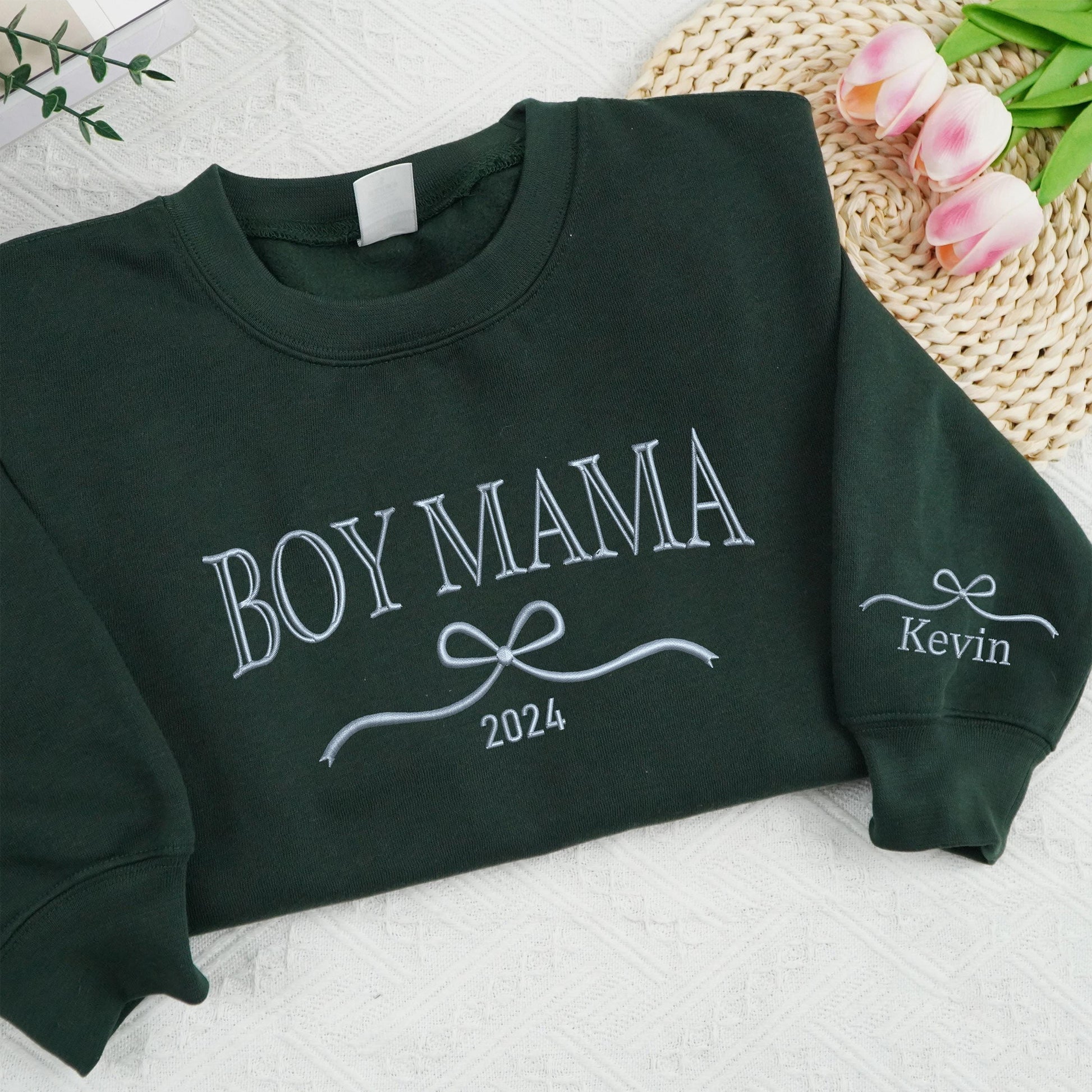 Embroidered Boy Mama Coquette Sweatshirt, Personalized Boy Mama with Name on Sleeve Shirt, Vintage Mom Gift Shirt, Birthday Gift for Mom