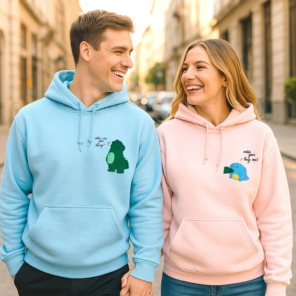 Matching Couple Dinosaur Hoodies, Cute Cartoon Hoodie Set, Hug Me Pullover, Anniversary Gift for Him and Her, Couple Outfit