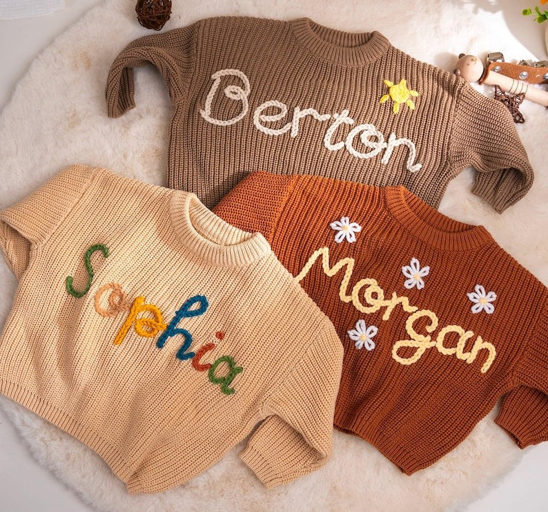 Hand Embroidered Baby Knit Sweater, Custom Name Toddler Pullover, Baby Shower Gift (Copy)