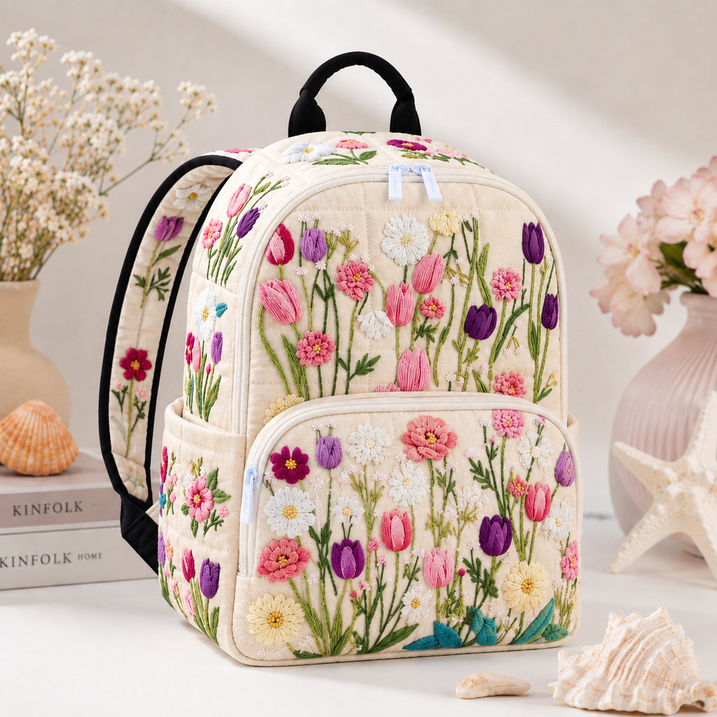 Floral Pattern Quilted Backpack, Custom Flower Backpack, Kid School Bag, Mini Travel Bag, Back To School Backpack QBP05