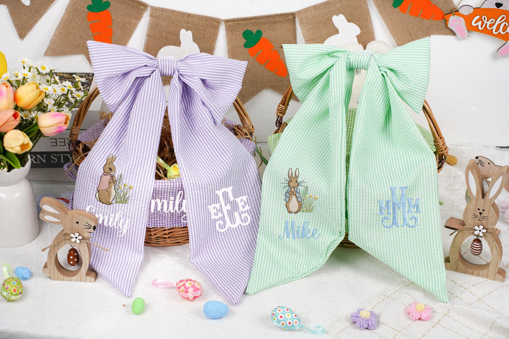 Personalized Seersucker Easter Basket Bow, Custom Monogrammed Bow, Baby Shower Favor, Wedding Basket Bow, Spring Decoration