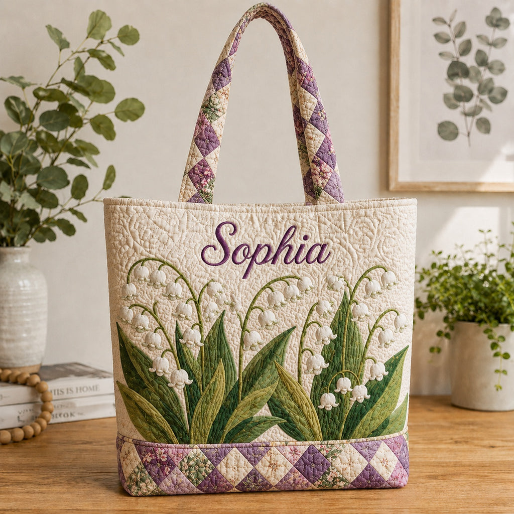 Lily of the Valley Quilted Tote Bag, Floral Tote Bag, Quilted Shoulder Bag, Quilted Book Bag, Fabric Bag QTOTE63