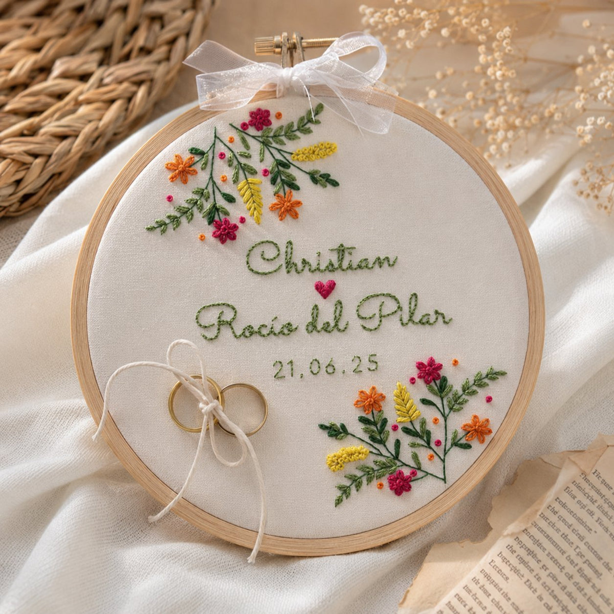 Personalized Wedding Flower Embroidery Hoop Art, Handmade Floral Hoop, Handmade Wedding Gift & Couple Keepsake, Custom Anniversary Gift WEDDING12