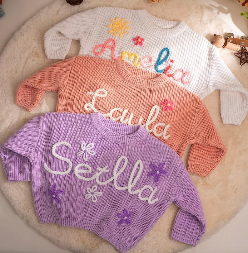 Hand Embroidered Baby Knit Sweater, Custom Name Toddler Pullover, Baby Shower Gift (Copy)