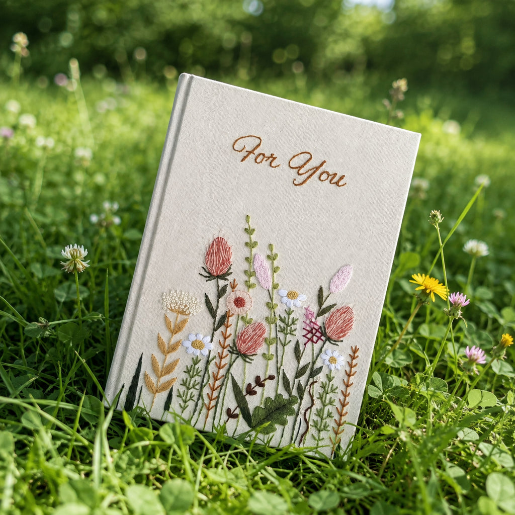Hand Embroidered Floral Notebook, Custom Journal Notebook, Personalized Floral Notebook With Name, Linen Fabric Hard Cover Notebook, Special Custom Handmade Gift and Keepsakes ENB07