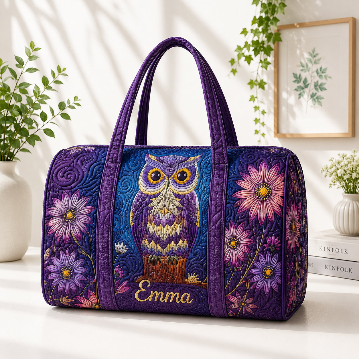 Owl Floral Quilted Duffle Bag, Fall Travel Bag with Name, Autumn Weekender Bag, Owl Lover Gift DFB34