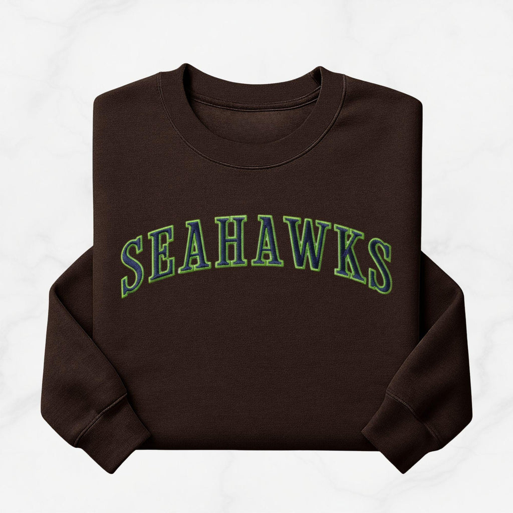 Embroidered Seahawks Crewneck Sweatshirt, Green and Navy Lettering, Seattle Football Fan Merch Apparel