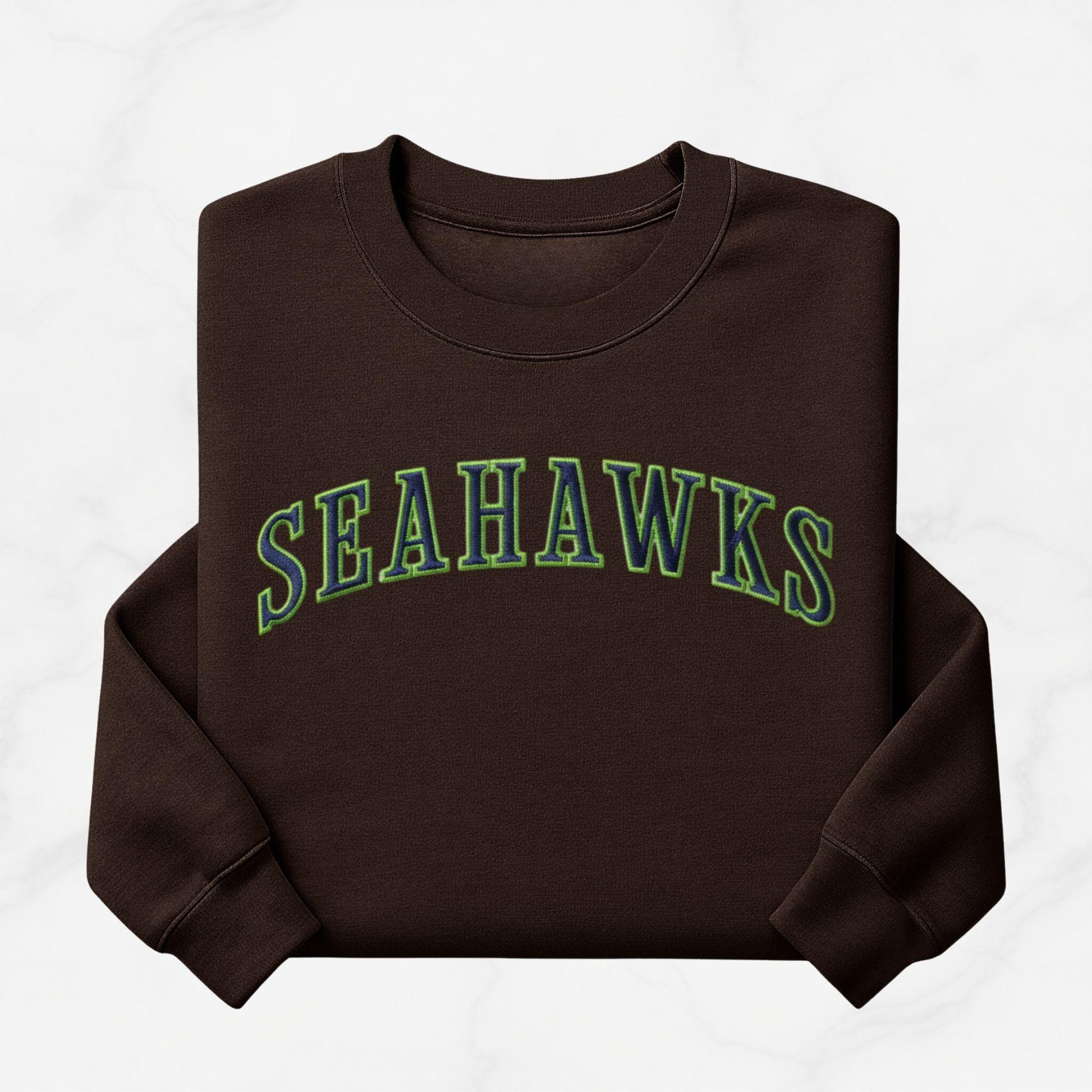 Embroidered Seahawks Crewneck Sweatshirt, Green and Navy Lettering, Seattle Football Fan Merch Apparel