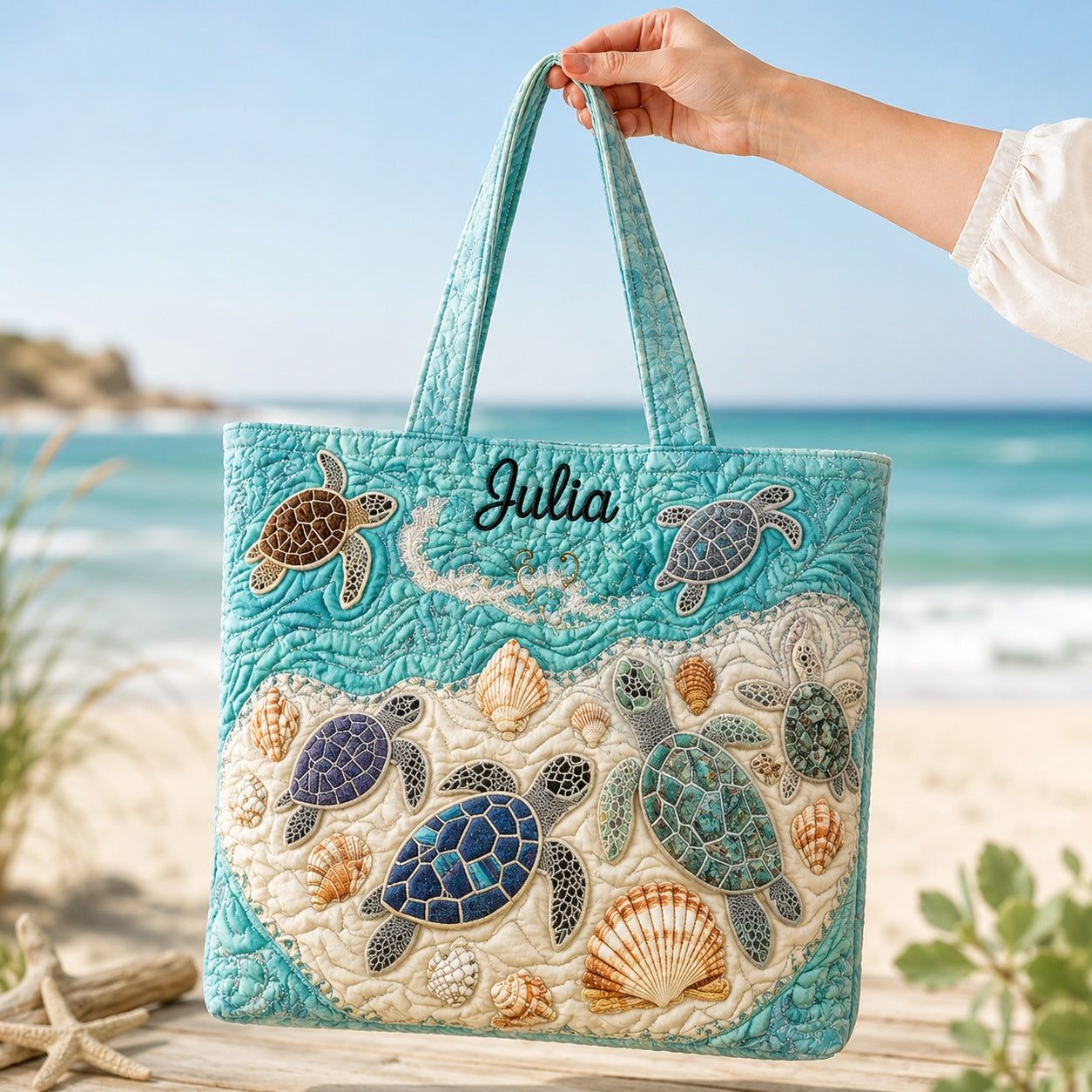 Sea Turtle Pattern Quilted Tote Bag, Coastal Beach Shoulder Bag, Ocean Turtle Pattern Art Tote, Fabric Tote Bag, Gift Bag QTOTE36