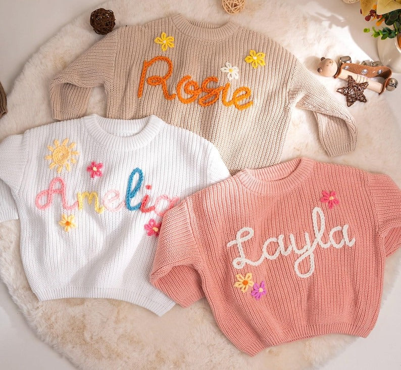 Hand Embroidered Baby Knit Sweater, Custom Name Toddler Pullover, Baby Shower Gift (Copy)