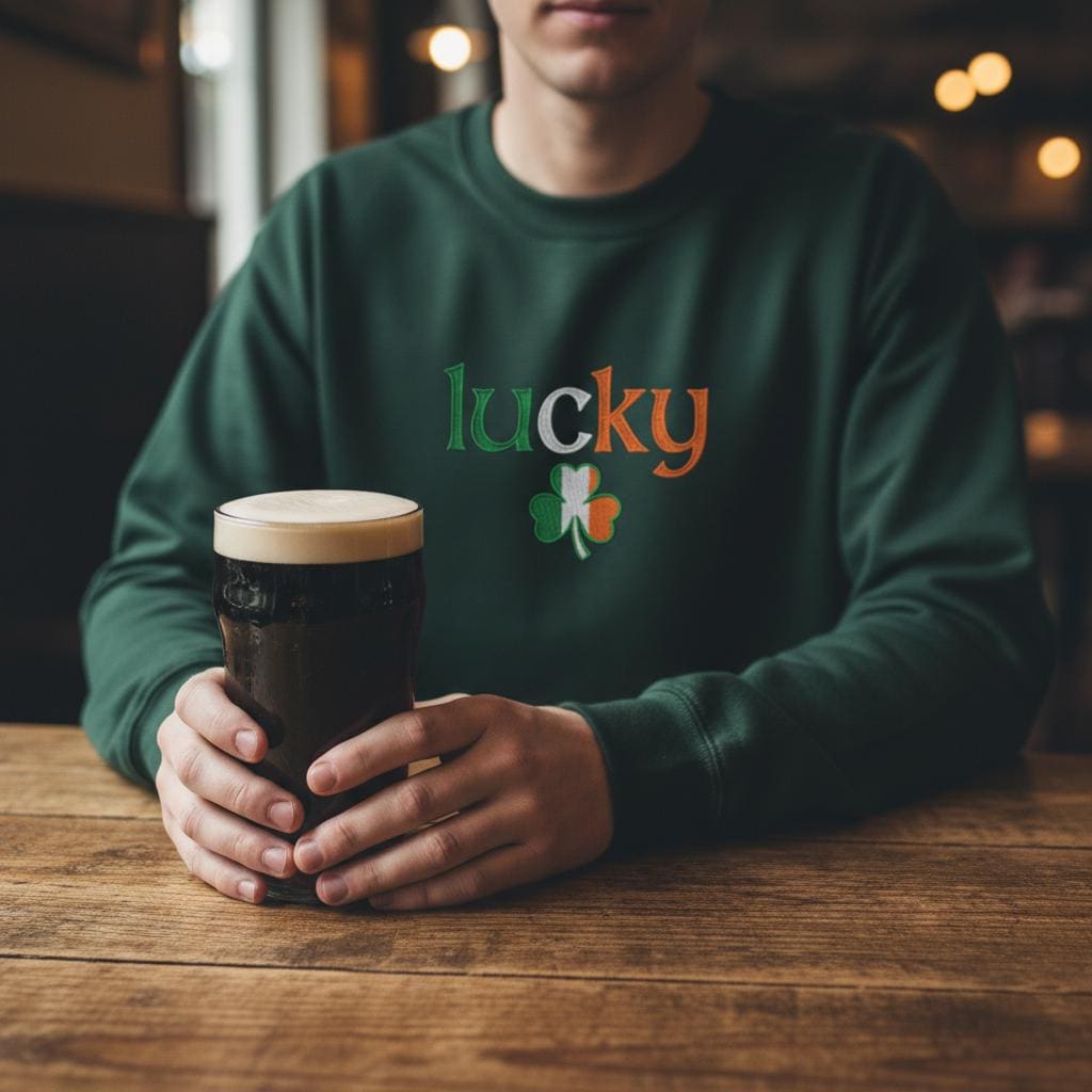 Embroidered Lucky Sweatshirt with Shamrock, St. Patrick’s Day Crewneck Gift, Cozy Green Irish Pullover