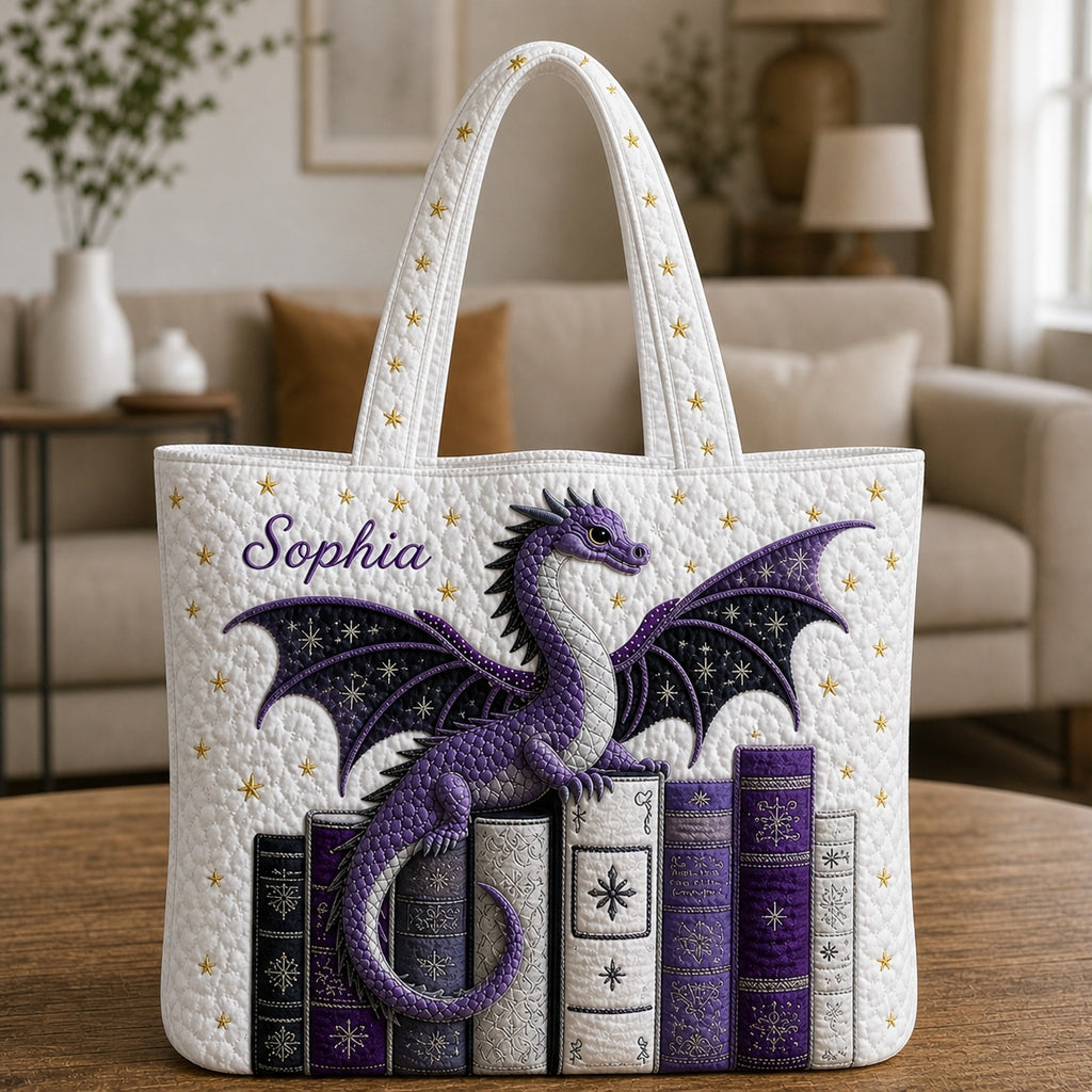 Fantasy Dragon Quilted Tote Bag, Dragon Book Pattern Tote Bag, Quilted Shoulder Bag, Quilted Book Bag, Fabric Bag QTOTE77
