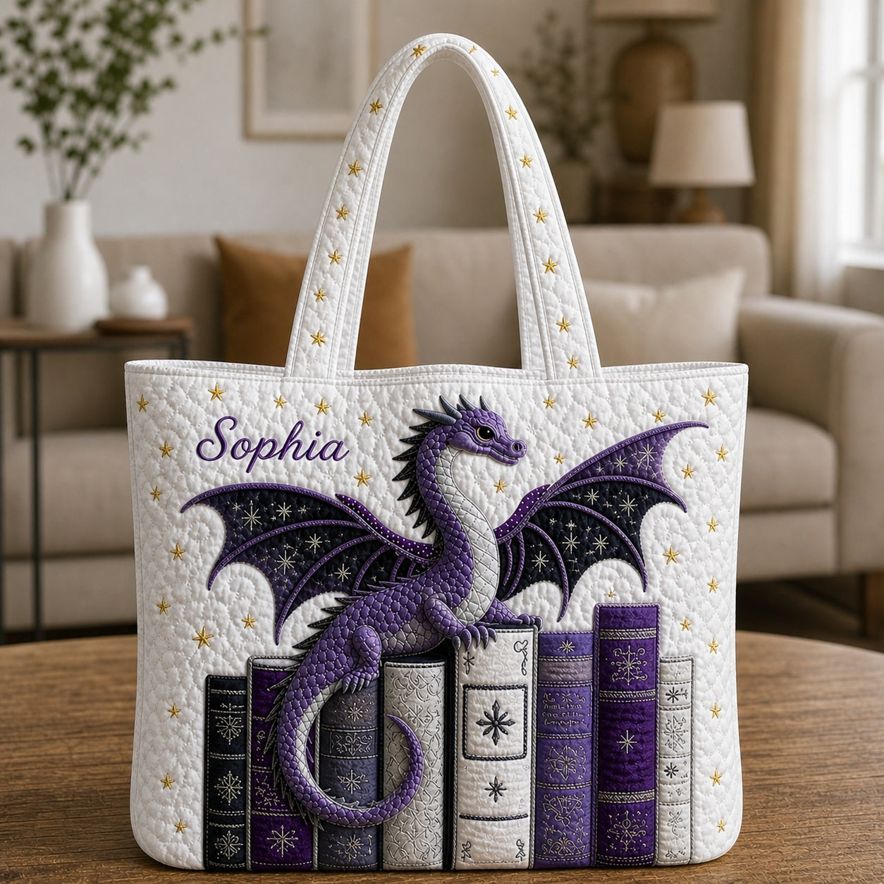 Fantasy Dragon Quilted Tote Bag, Dragon Book Pattern Tote Bag, Quilted Shoulder Bag, Quilted Book Bag, Fabric Bag QTOTE77