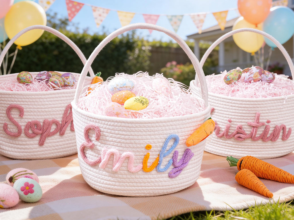 Personalized Easter Basket with Name, Handwoven Rope Basket, Easter Bunny Gift for Kids, Easter Egg Hunt Basket, Baby Shower Gift
