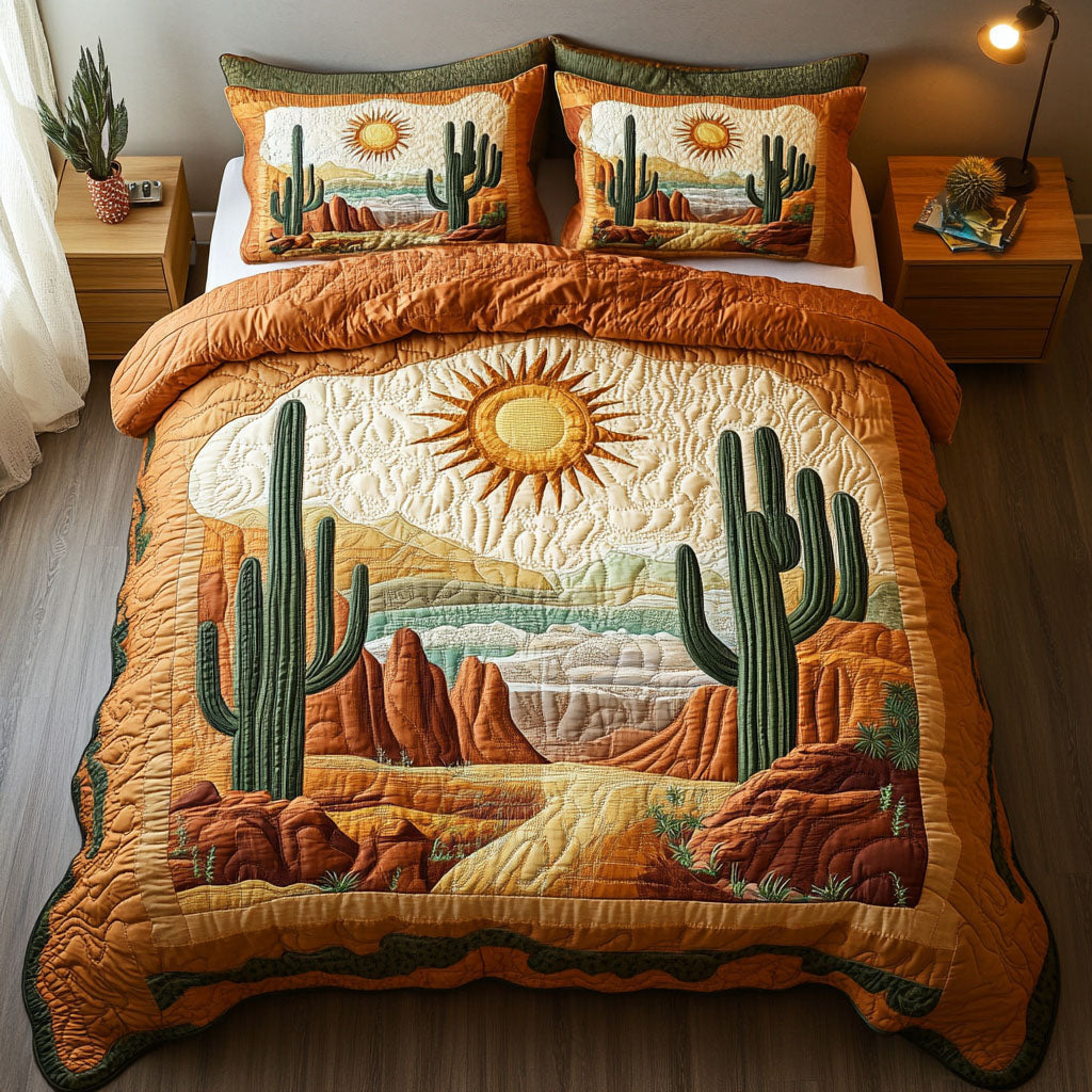 Southwestern Desert Cactus Quilted Bedding Set, Western Sun & Canyon Quilt with Pillow Covers, Rustic Boho Bedroom Decor QBEDSET44