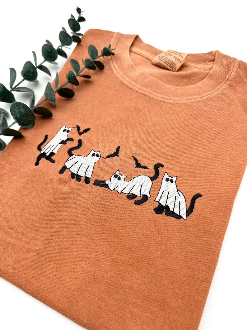 Embroidered Ghost Cat Shirt, Halloween Cat Lover Tee, Cat Shirt, Unisex Halloween Shirt HLEM12