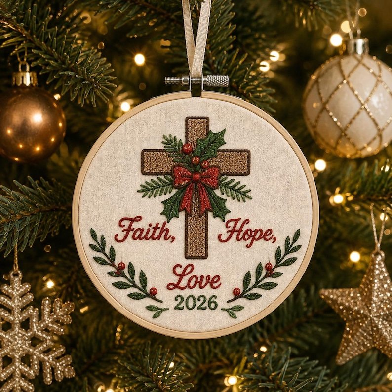 Faith Hope Christmas Embroidered Hoop Ornament, Family Keepsake Gift, Christmas Tree Decoration, Baby Christmas Ornament Gift HOOPN14