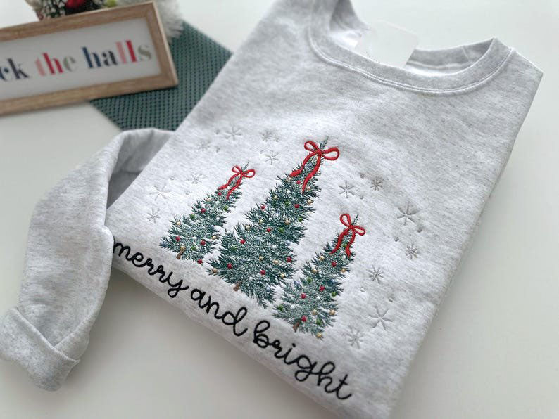 Merry and Bright Embroidered Sweatshirt, Christmas Tree Embroidered Crewneck, Cozy Christmas Sweater, Holiday Sweatshirt XMASS08