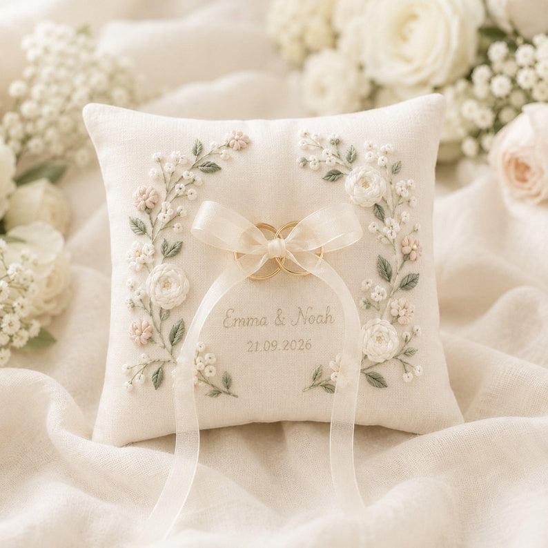 Personalized Embroidered Floral Wedding Ring Bearer Pillow, Custom Wedding Ring Pillow, Wedding Keepsake Gift WPILLOW11