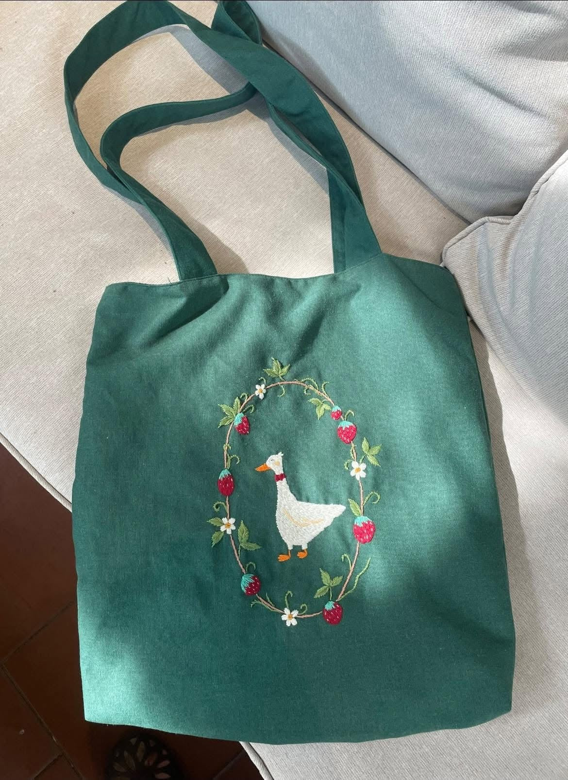 Personalized Hand Embroidered Duck And Floral Canvas Tote Bag, Embroidery Flower Tote Bag, Custom Bag, Aesthetic Bag, Handmade Tote Bag EMT10