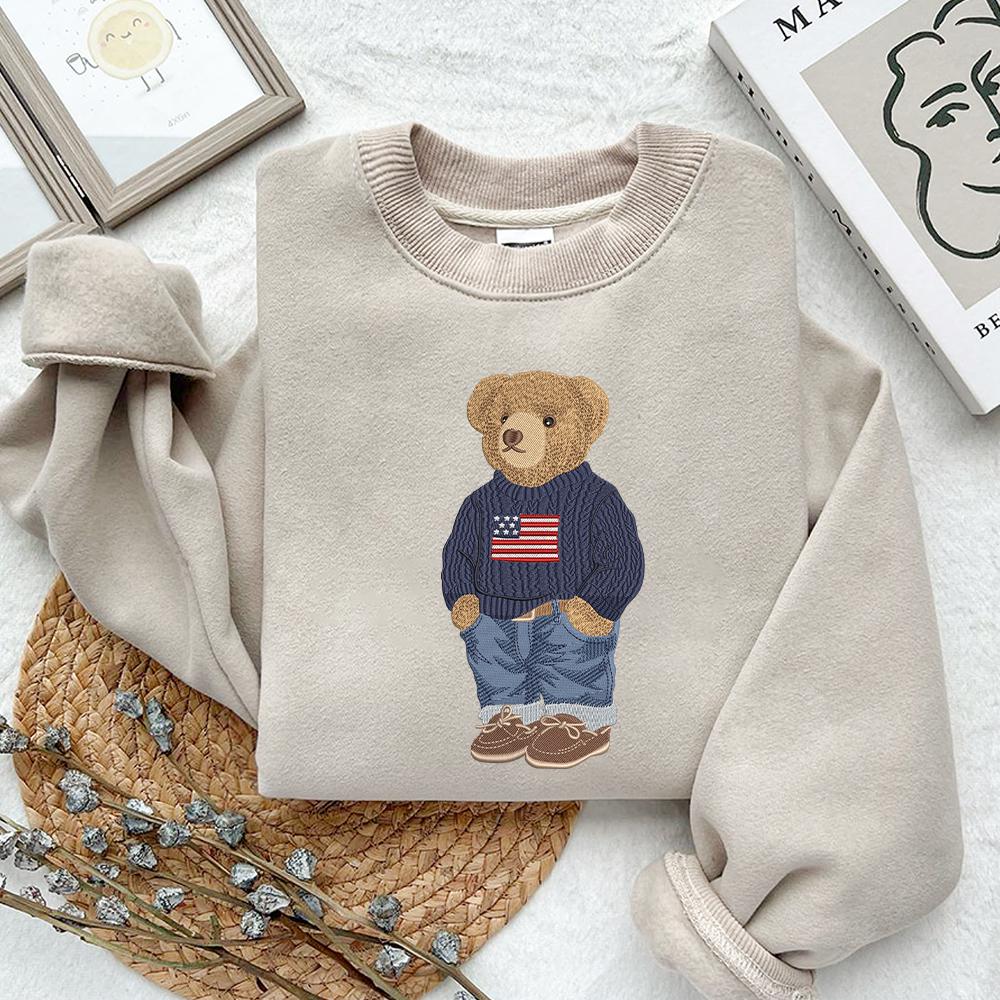 Stylish Winter Bear Embroidery Sweatshirt – Teddy Bear Holiday Machine Embroidered Shirt