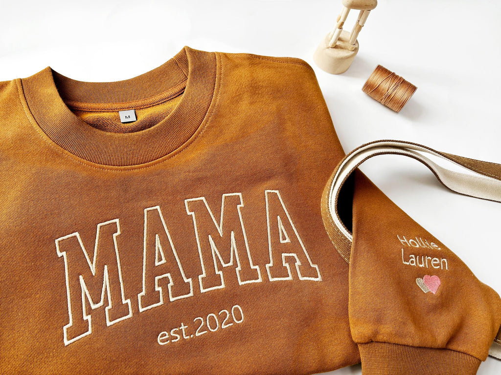 Custom Mama Embroidered Sweatshirt, Name On Sleeve With Heart, Mama Est Year Shirt, Grandma Shirt With Date, Gift For New Mom,Mothers Day Gift