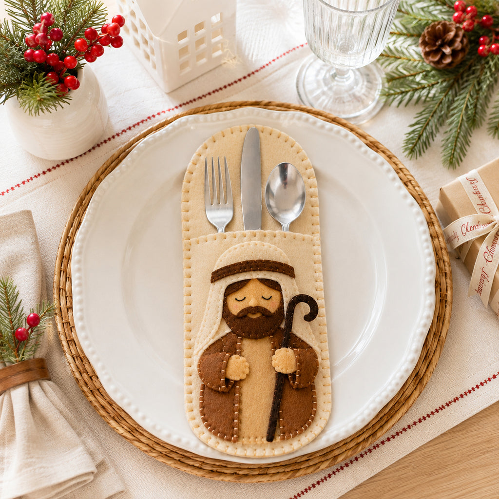 Saint Joseph Felt Silverware Holder, Christmas Cutlery Pocket, Religious Holiday Table Decor, Christmas Kitchen Decor FELTCH12