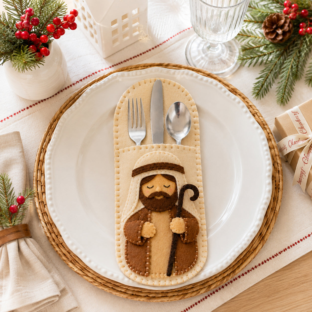 Saint Joseph Felt Silverware Holder, Christmas Cutlery Pocket, Religious Holiday Table Decor, Christmas Kitchen Decor FELTCH12