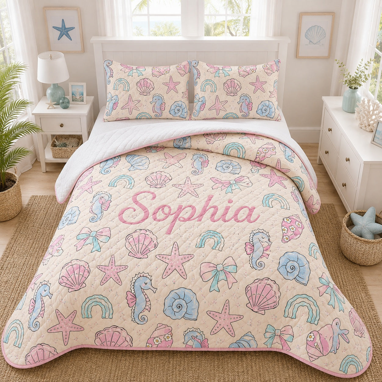 Under the Sea Quilted Bedding Set, Seashell Blanket, Custom Name Seahorse Seashell Quilt with Pillow Covers, Girls Ocean Room Decor QBEDSET10