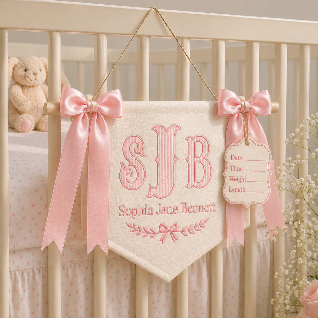 Personalized Embroidered Baby Name Banner, Custom Hospital Crib Banner with Birth Stats Tag, Newborn Nursery Keepsake, Monogram Hospital Door Hanger, Baby Shower Gift BBFLAG10