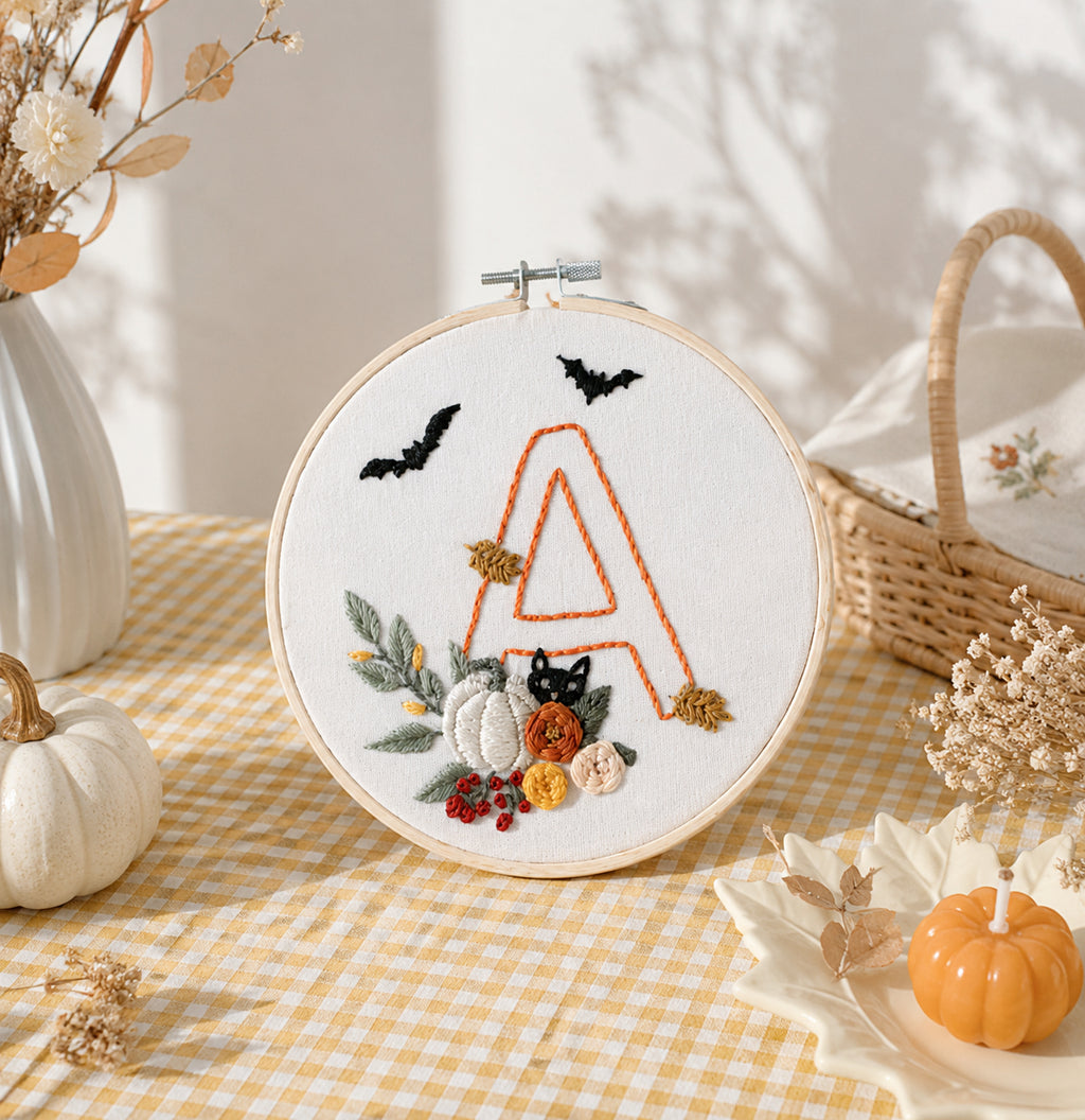 Personalized Halloween Monogram Embroidery Hoop, Custom Initial Letter Wall Art, Pumpkin Floral Embroidery, Handmade Fall Decor Gift HOOP13