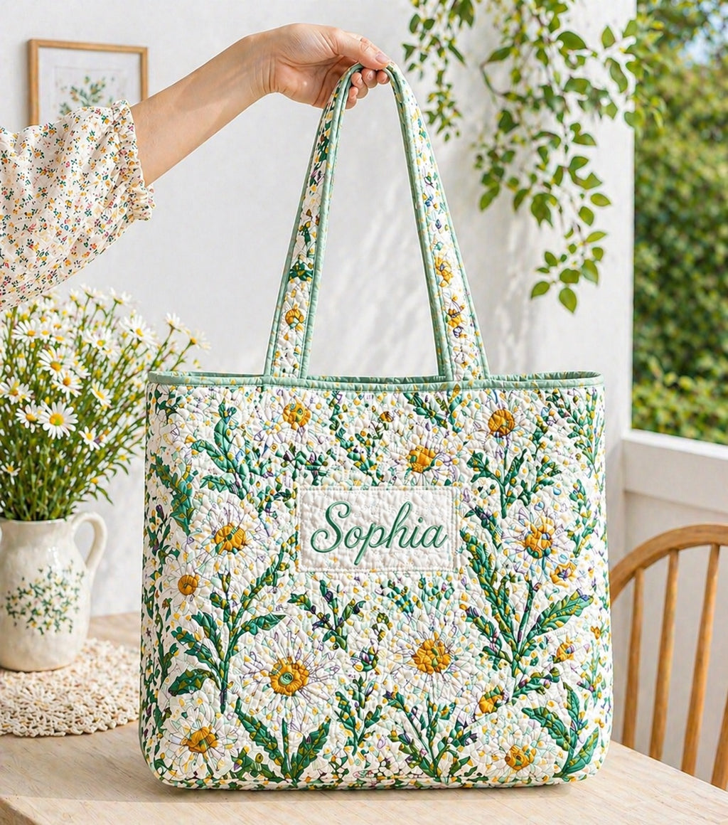 Daisy Quilted Tote Bag, Daisy Pattern Tote Bag, Quilted Shoulder Bag, Quilted Book Bag, Fabric Bag QTOTE74