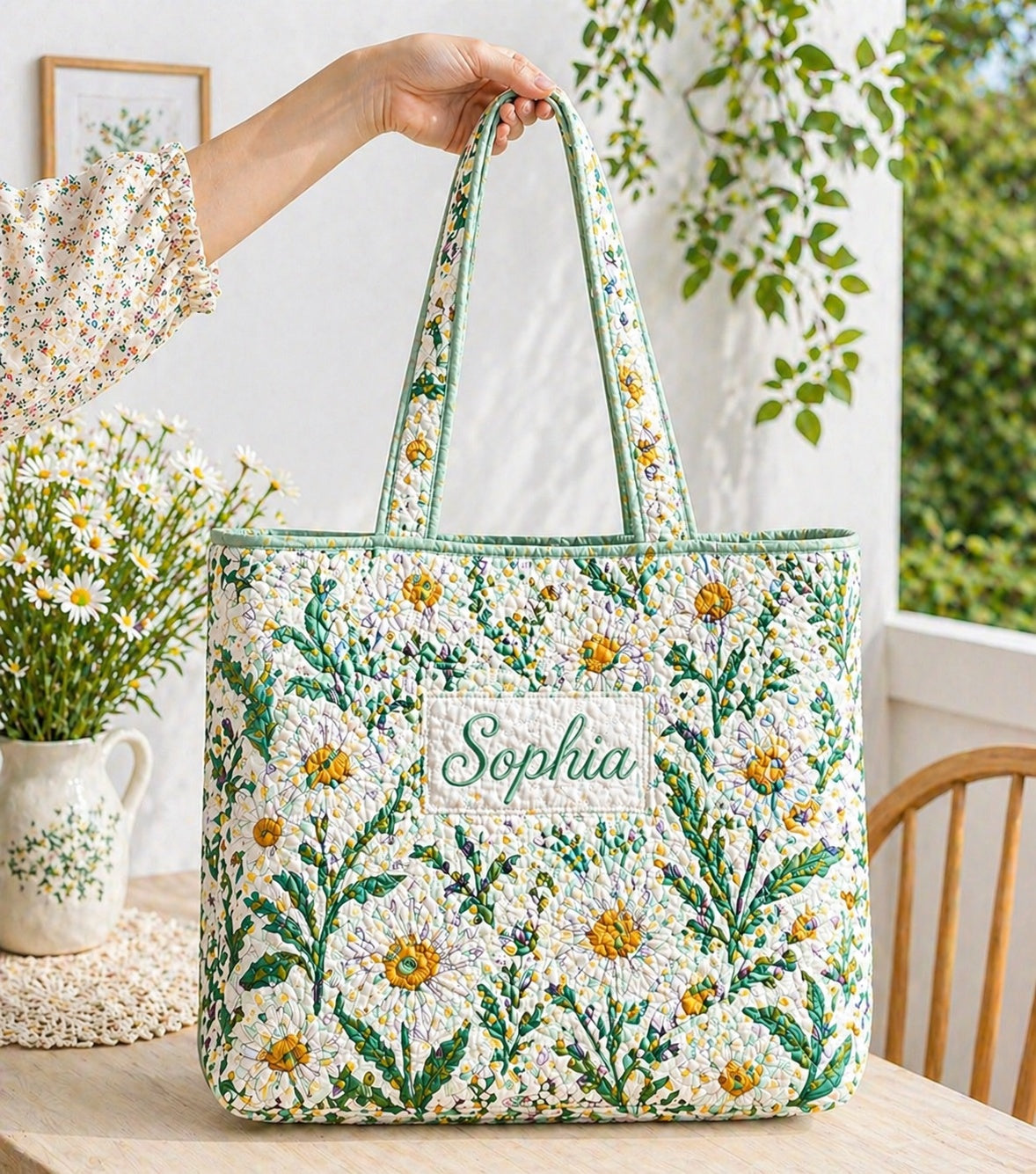 Daisy Quilted Tote Bag, Daisy Pattern Tote Bag, Quilted Shoulder Bag, Quilted Book Bag, Fabric Bag QTOTE74