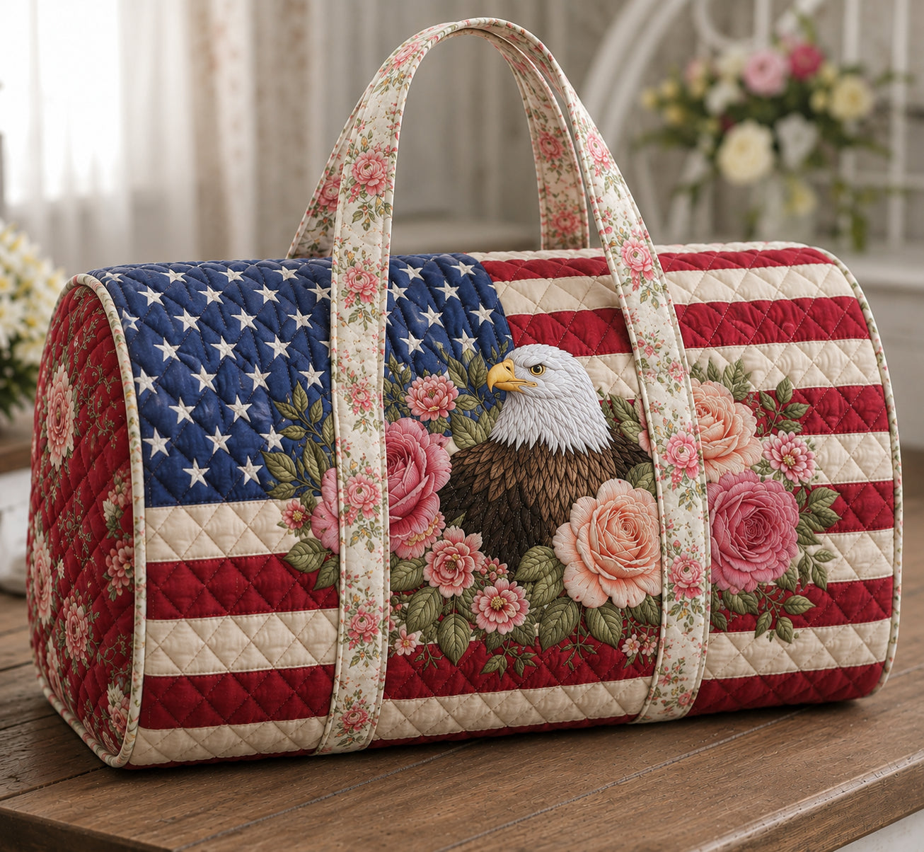 Patriot 250th Anniversary Quilted Duffle Bag, Vintage Camper Travel Bag, USA Flag Travel Bag QTTVB01