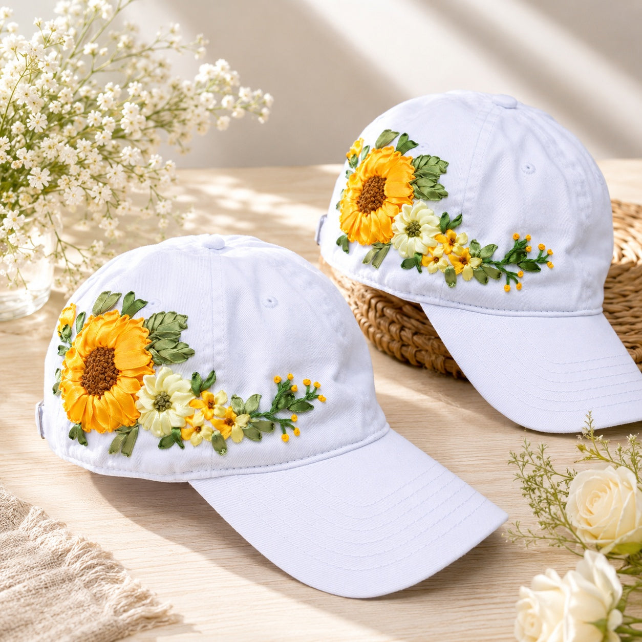Custom Sunflower Hand-Embroidered Baseball Cap, Embroidered Cap, Hand Embroidered Cap, Custom Hat Embroidery, Family Hat EMSH11